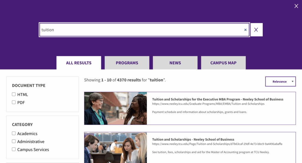 TCU AI-powered search bar example of a search for "tuition"